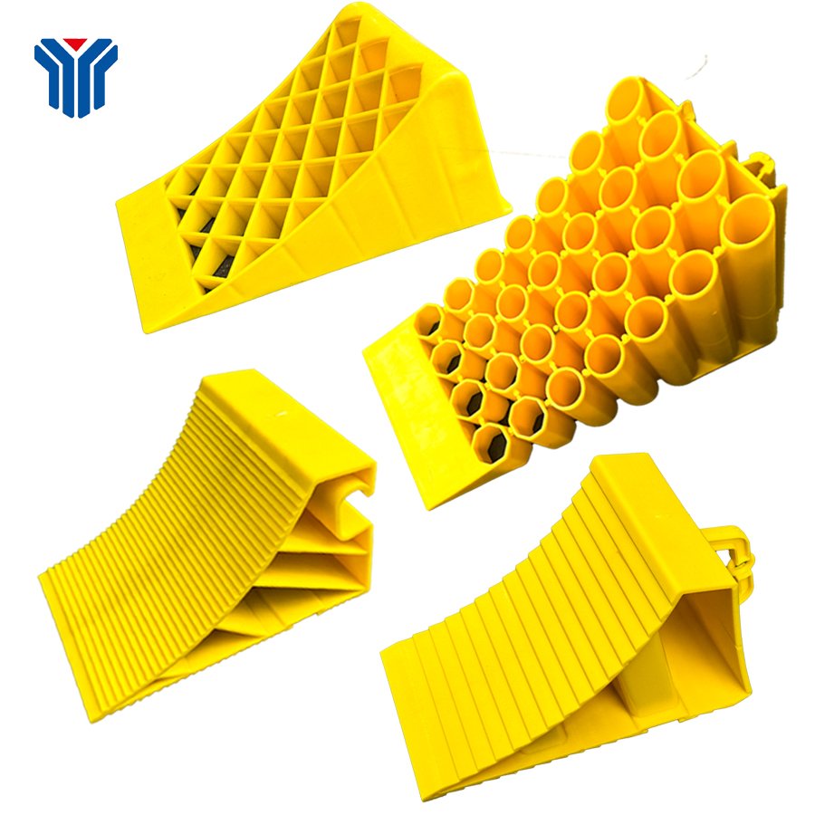 a yellow plastic ramp wheel chock for a car