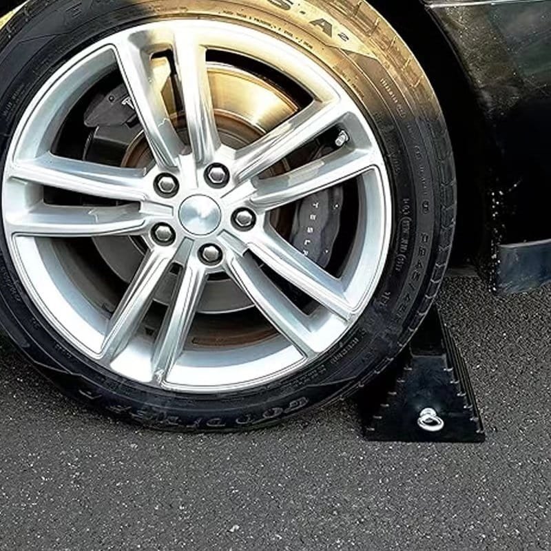 a car with a car wheel chock